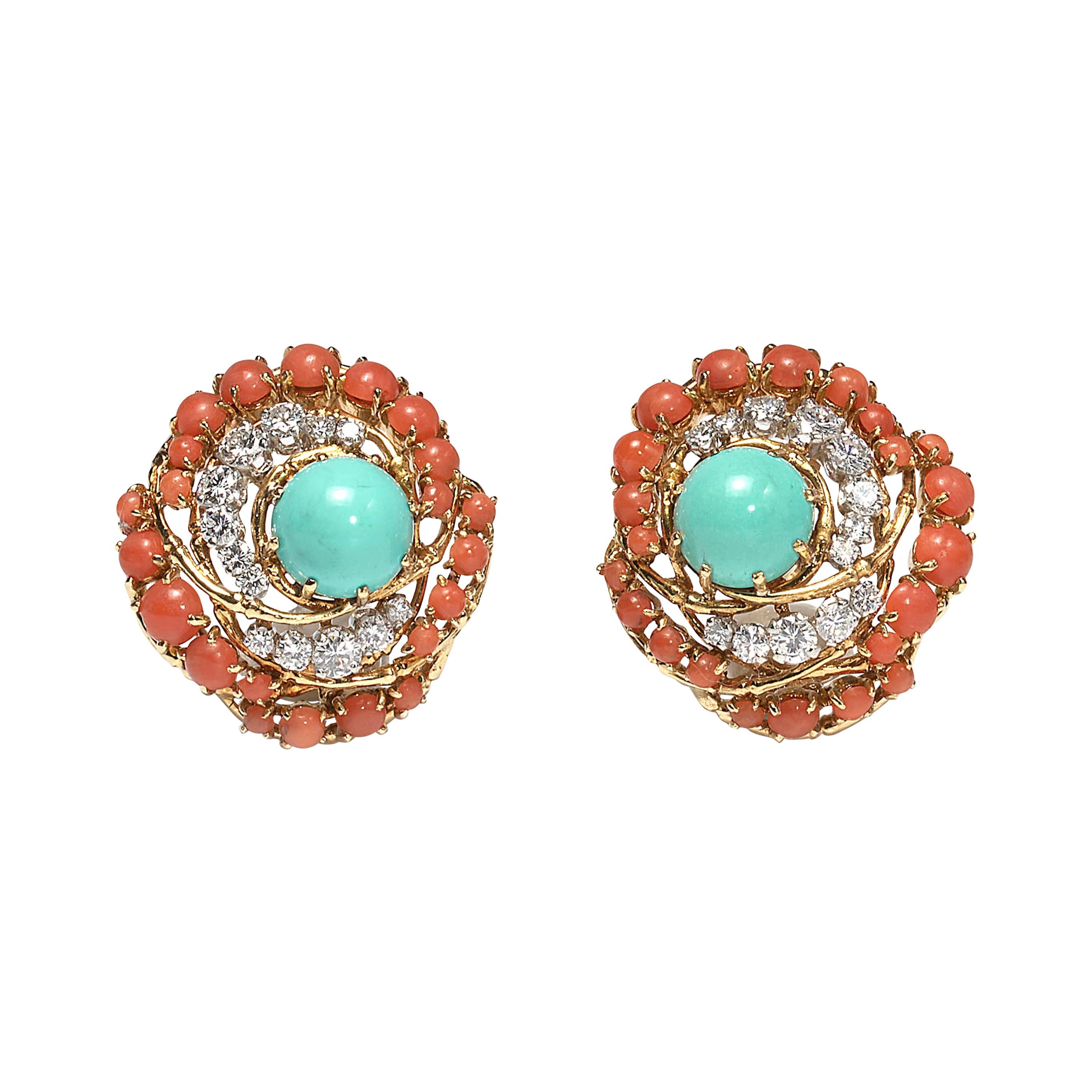 Vintage Turquoise, Coral and Diamond Ear Clips