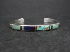 Vintage Turquoise Coral and Lapis Lazuli Inlay Cuff Bracelet Navajo Ervin Hoskie