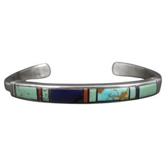Vintage Turquoise Coral and Lapis Lazuli Inlay Cuff Bracelet Navajo Ervin Hoskie
