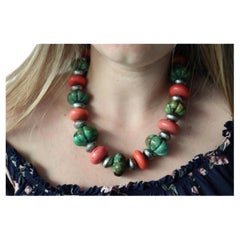 Vintage Turquoise Coral Bead Necklace. Heavy Pumpkin Bead Turquoise and Coral.