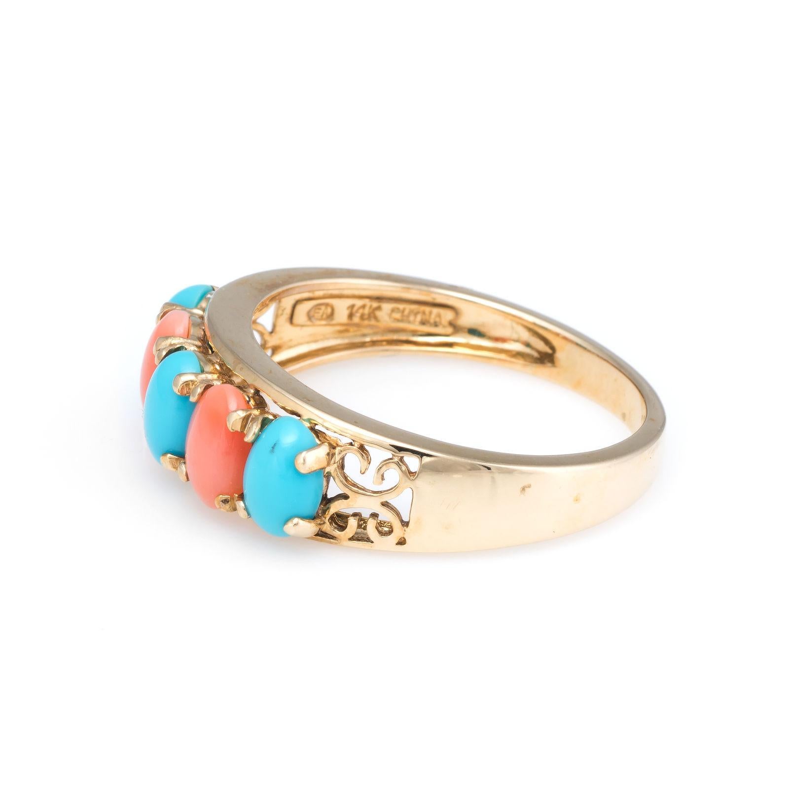 Oval Cut Vintage Turquoise Coral Ring 14 Karat Yellow Gold Estate Fine Jewelry Band