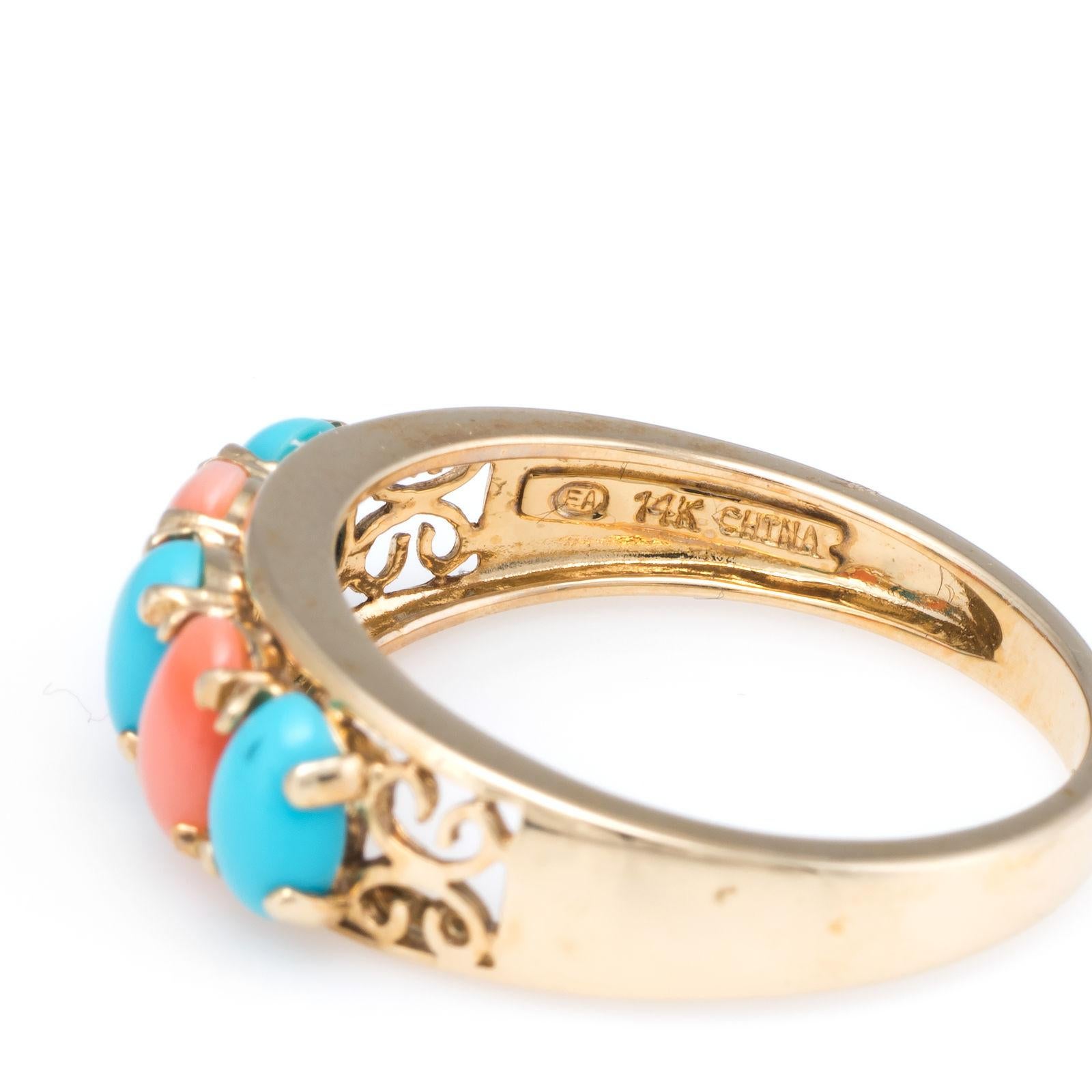 Women's Vintage Turquoise Coral Ring 14 Karat Yellow Gold Estate Fine Jewelry Band
