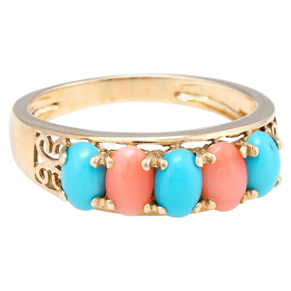 Vintage Turquoise Coral Ring 14 Karat Yellow Gold Estate Fine Jewelry Band