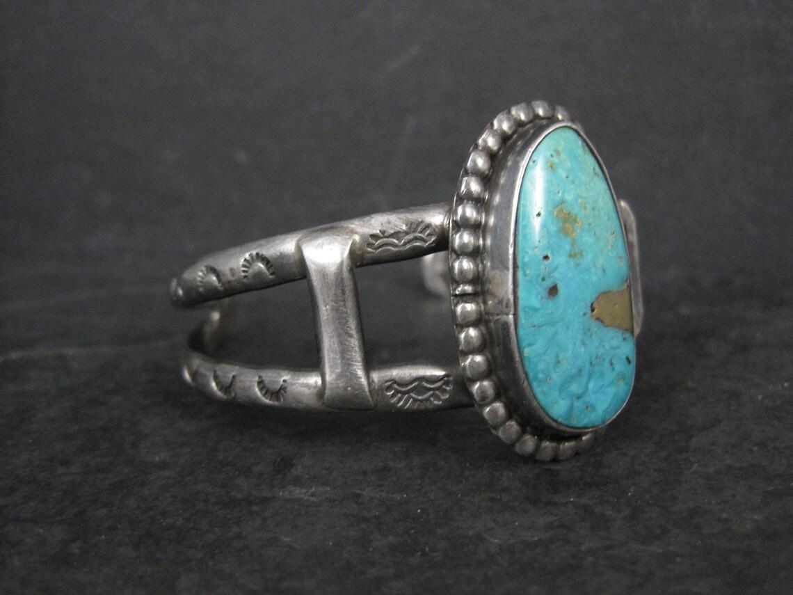 Amérindien Vintage Turquoise Cuff Bracelet Sterling Silver 6 Inches Hand Stamped Signed en vente