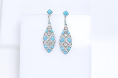 Vintage Turquoise Dangle Earring Diamonds Art Deco Platinum Chandelier Earrings