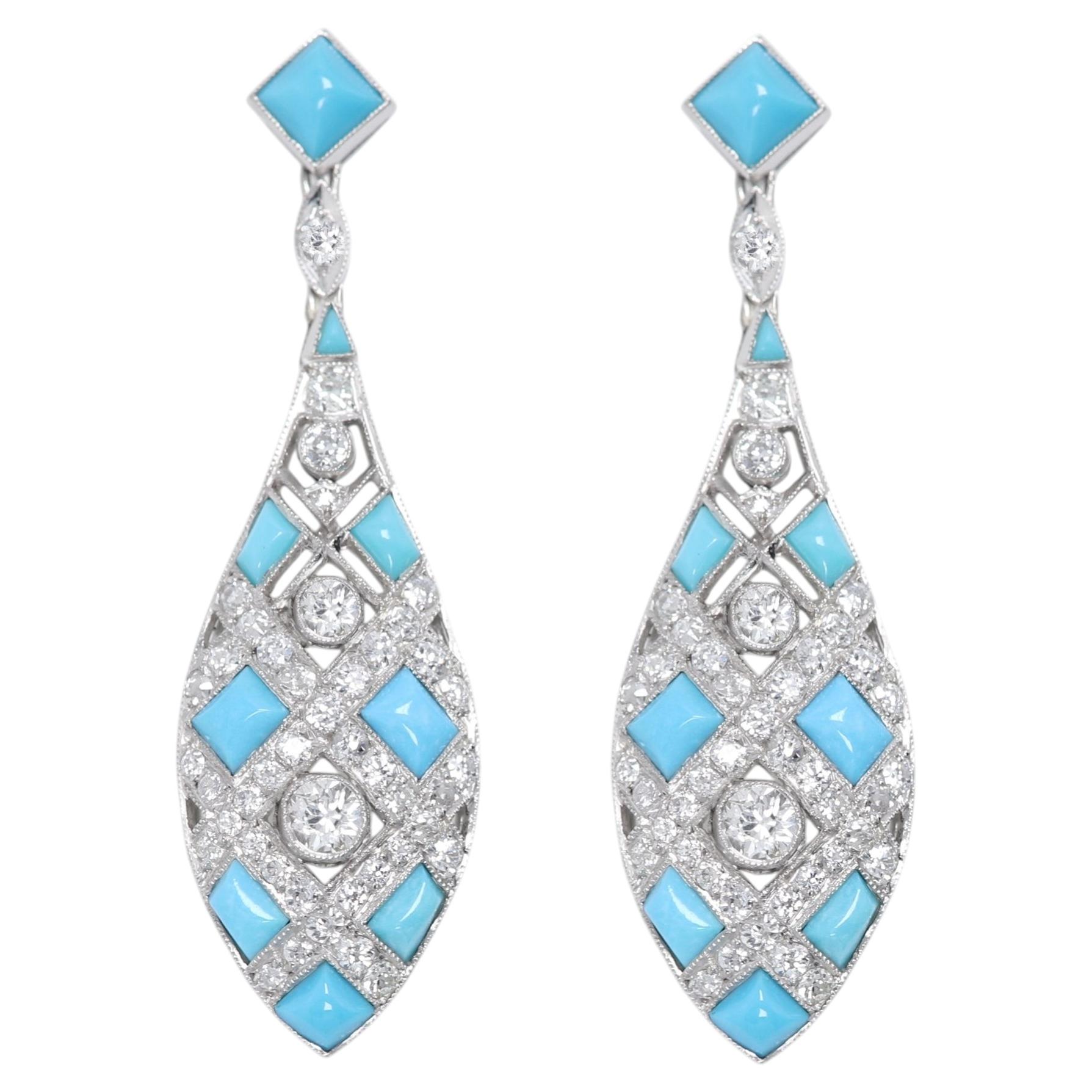 Vintage Turquoise Dangle Earring Diamonds Art Deco Platinum Chandelier Earrings
