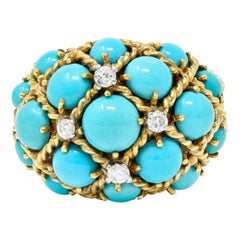 Vintage Turquoise Diamond 14 Karat Gold Cluster Bombè Band Ring