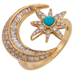 Bague vintage turquoise diamant 14k or jaune croissant étoilé