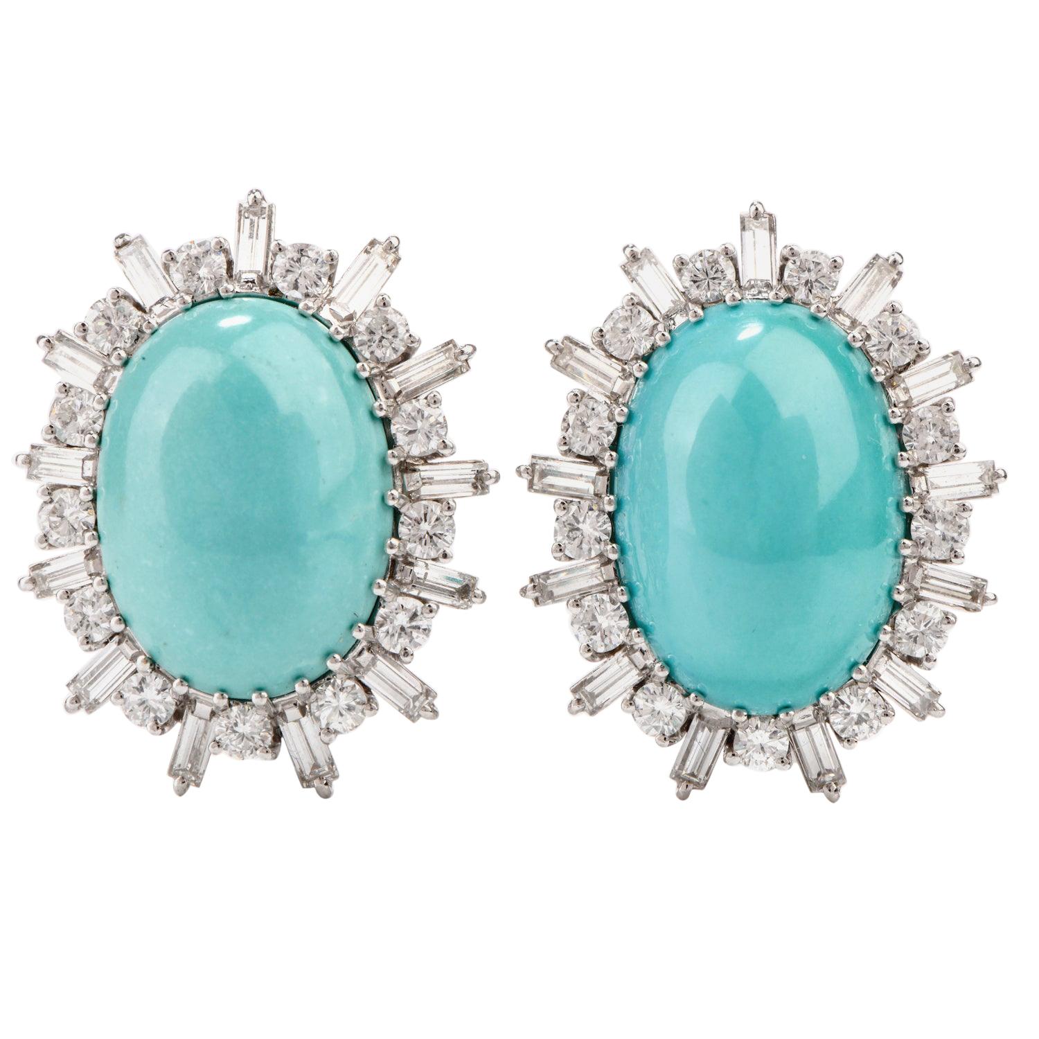 Vintage Turquoise Diamond 18 Karat Omega Clip Earrings at 1stDibs