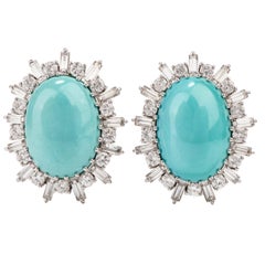 Vintage Turquoise Diamond 18 Karat Omega Clip Earrings