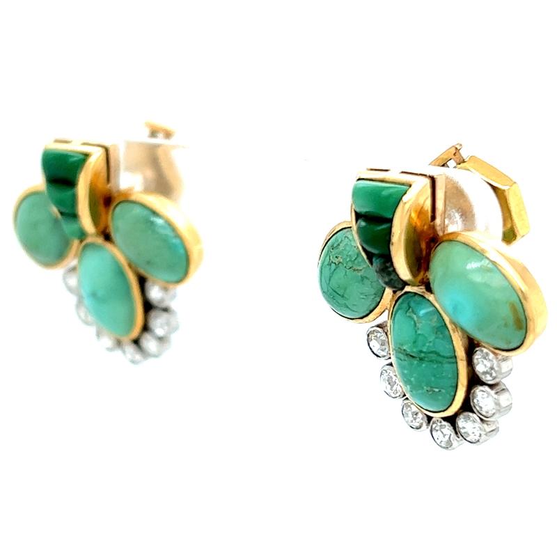 Women's or Men's Vintage Turquoise Diamond 18 Karat Yellow Gold Stud Earrings