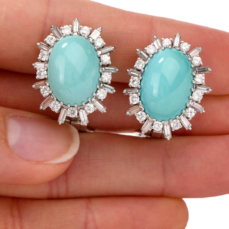 Vintage Turquoise Diamond 18 Karat Omega Clip Earrings For Sale at 1stdibs