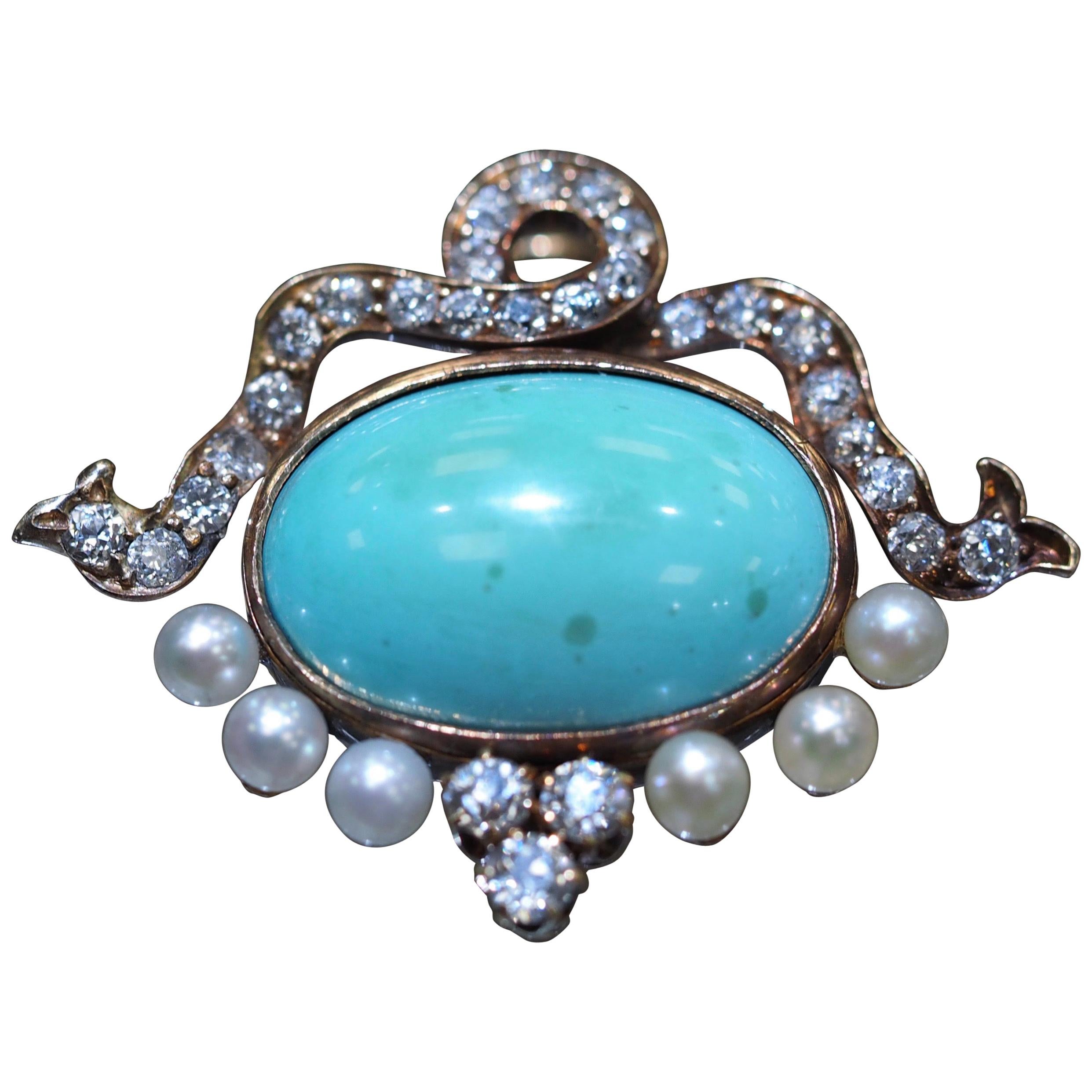 Vintage Turquoise Diamond and Pearl Brooch/Pendant in 14 Karat Yellow Gold