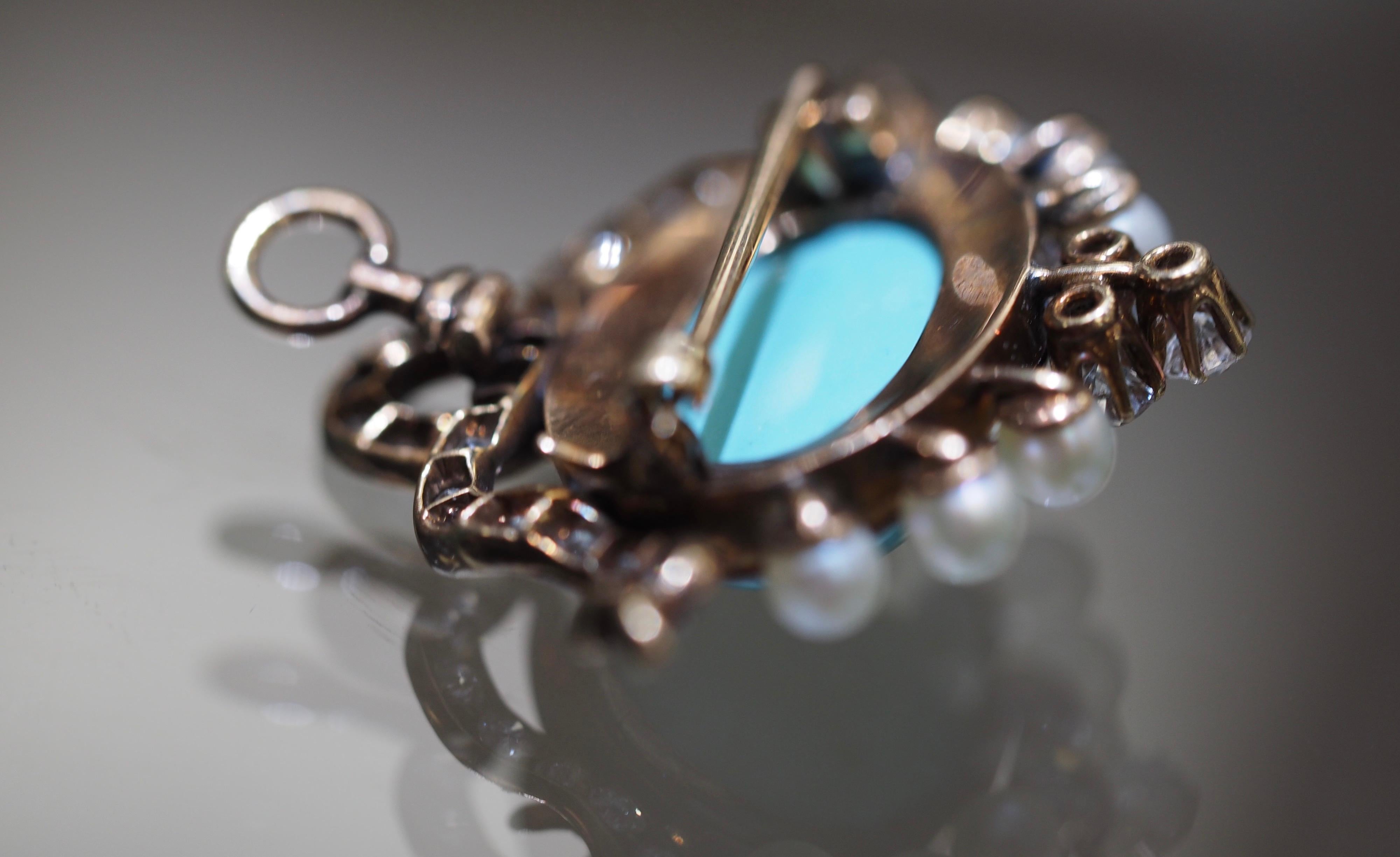 This gorgeous and unique brooch/pendant would make an incredible addition to your vintage jewelry collection. It is a genuine vintage convertible brooch featuring a beautiful oval turquoise cabochon nestled perfectly within a halo of iridescent