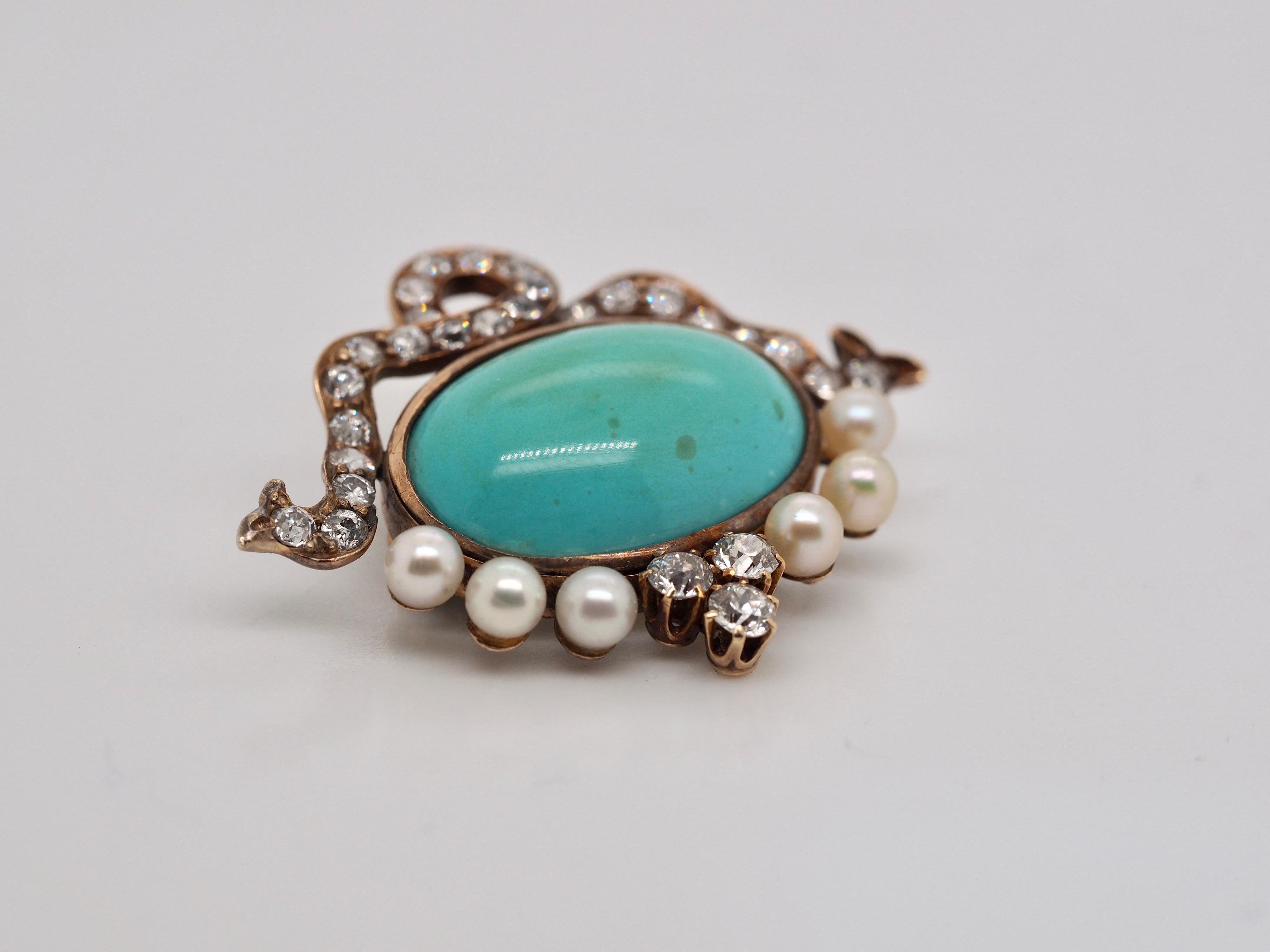 Art Deco Vintage Turquoise Diamond and Pearl Brooch/Pendant in 14 Karat Yellow Gold