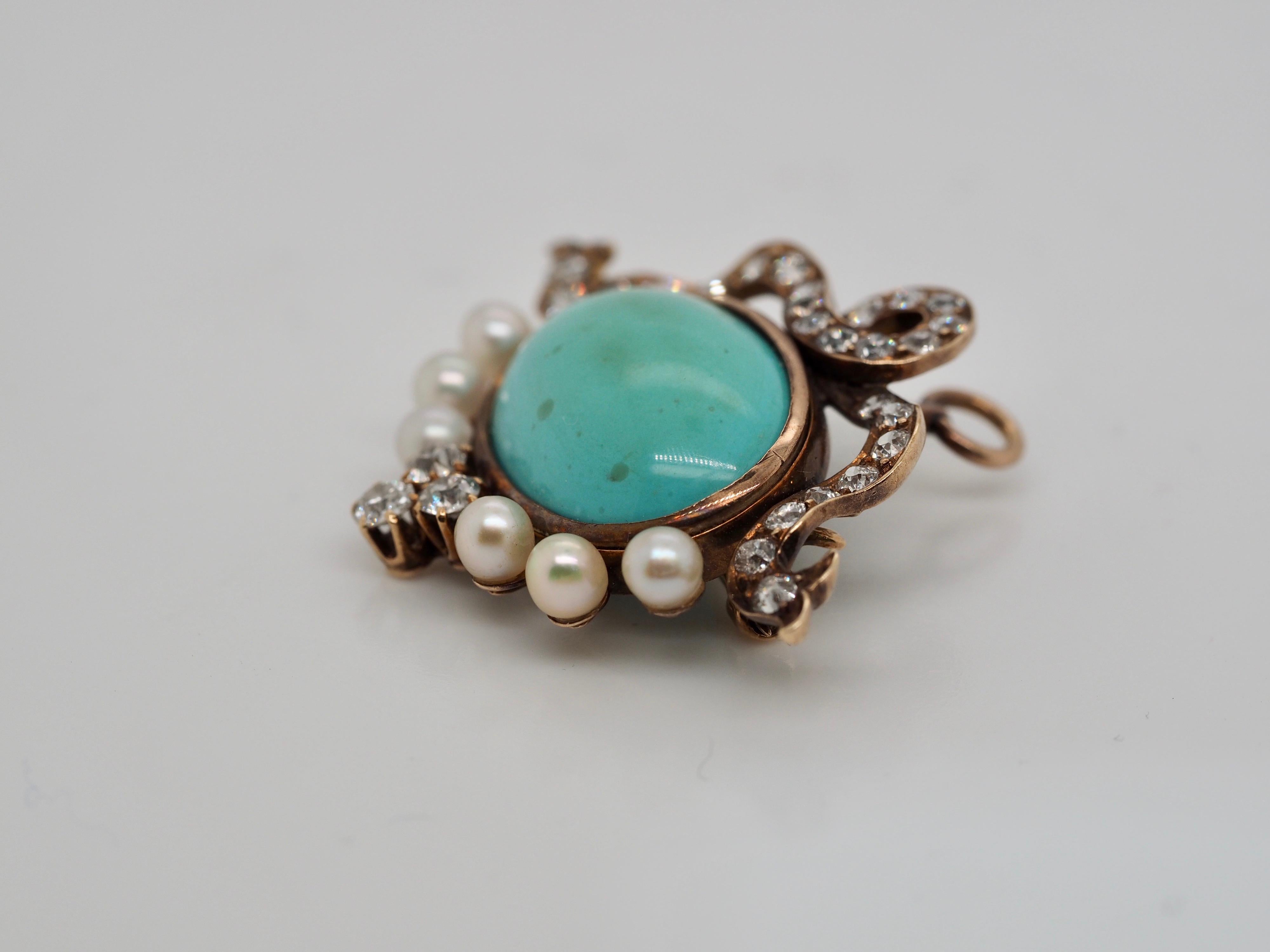 Women's or Men's Vintage Turquoise Diamond and Pearl Brooch/Pendant in 14 Karat Yellow Gold