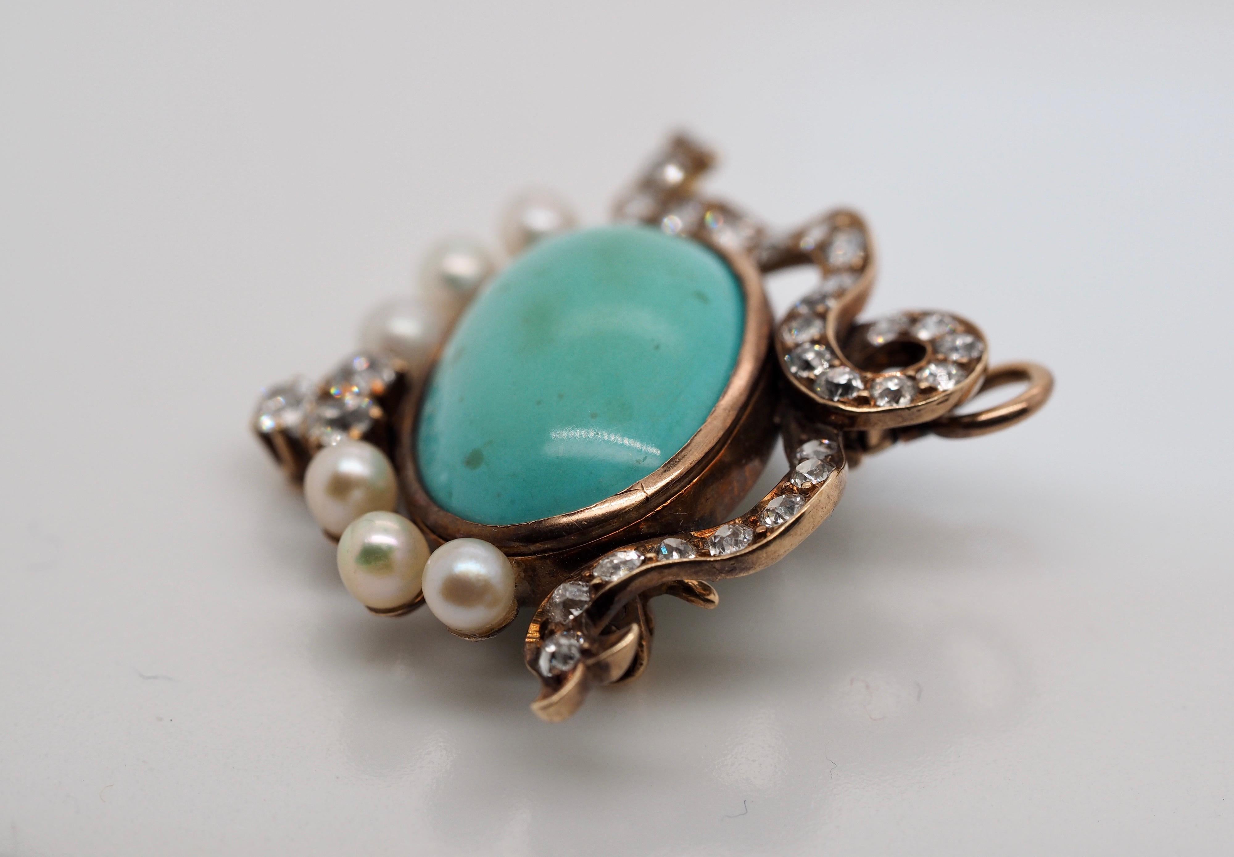 Vintage Turquoise Diamond and Pearl Brooch/Pendant in 14 Karat Yellow Gold 1