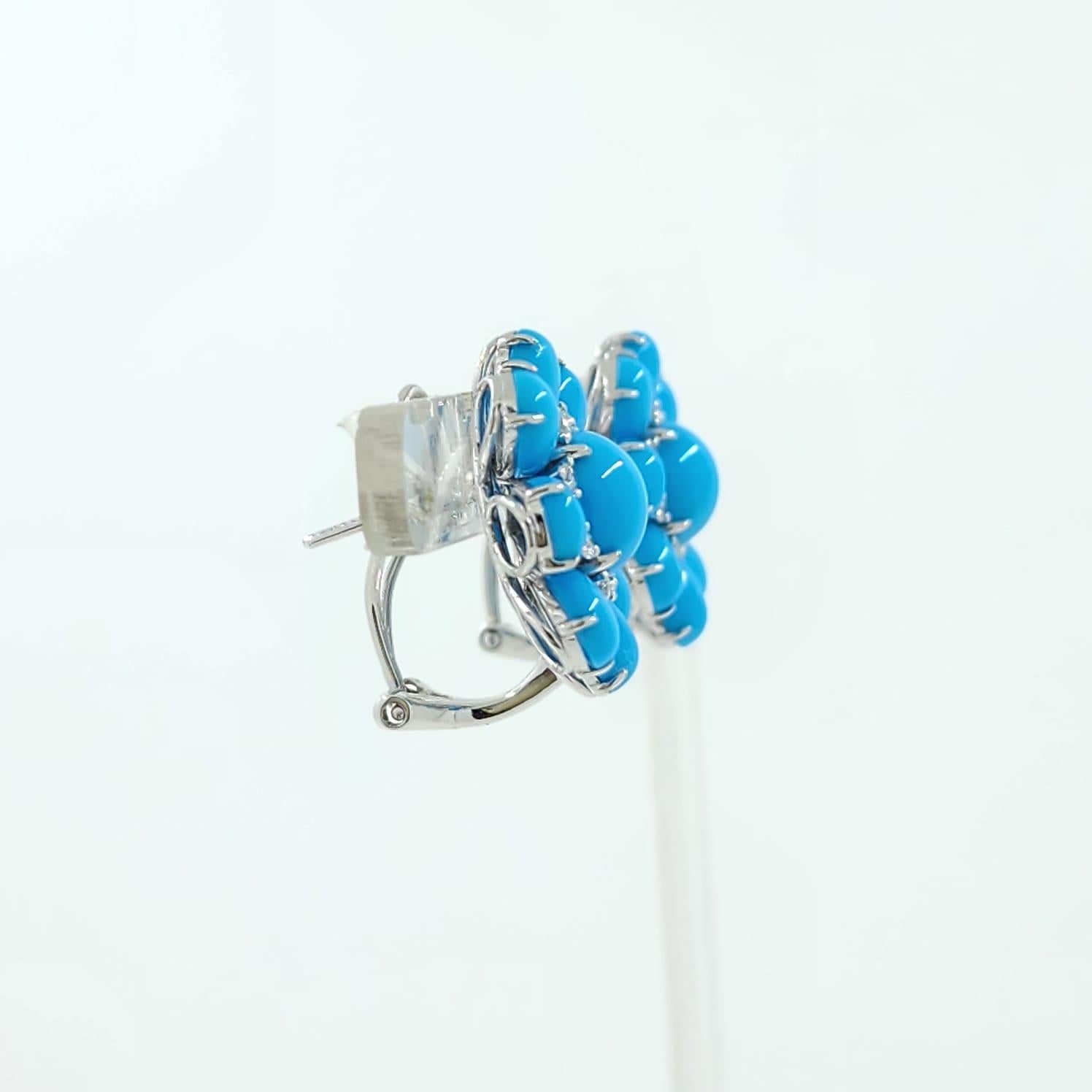 Contemporary Vintage Turquoise Diamond Earrings in 14 Karat White Gold For Sale