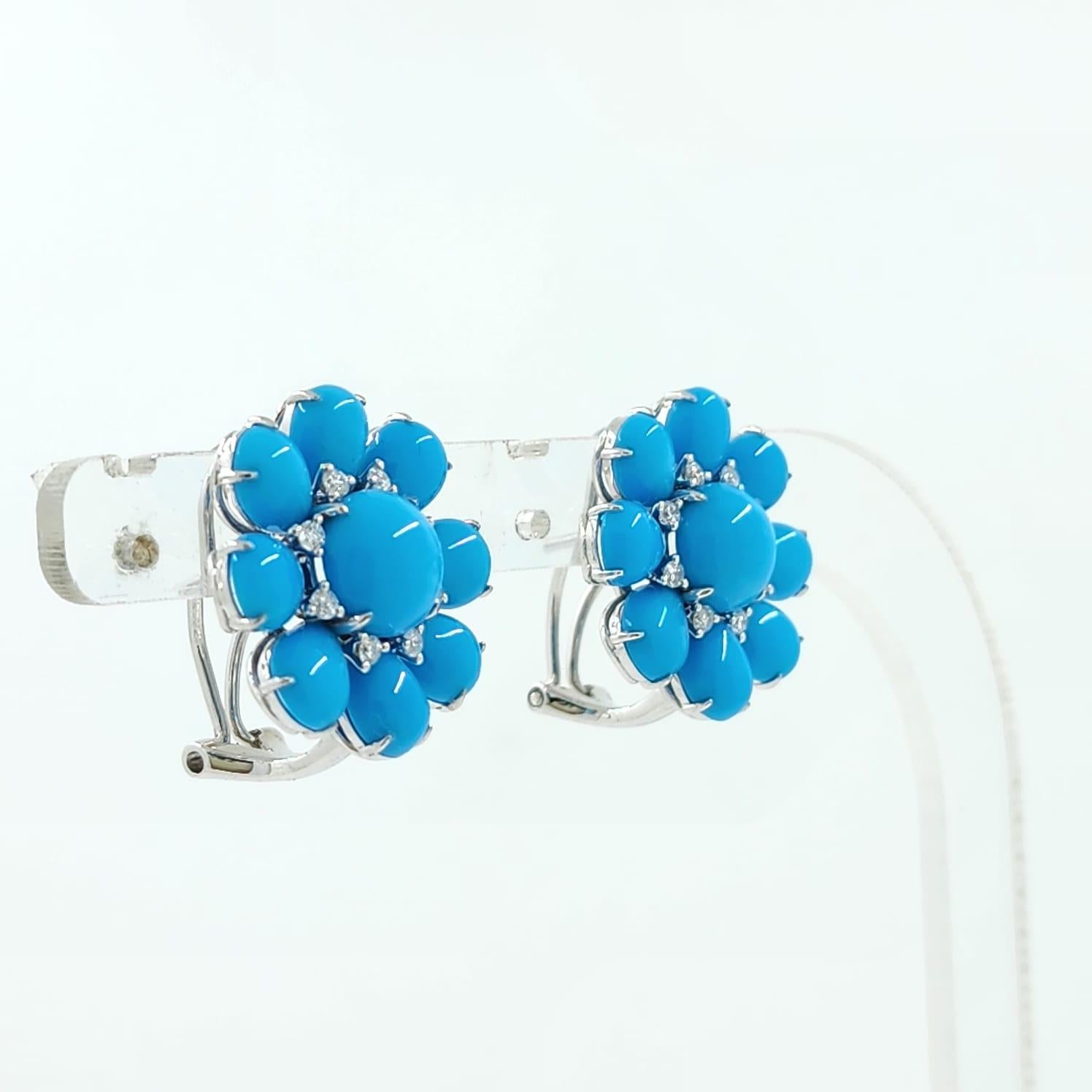 Vintage Turquoise Diamond Earrings in 14 Karat White Gold In New Condition For Sale In Hong Kong, HK