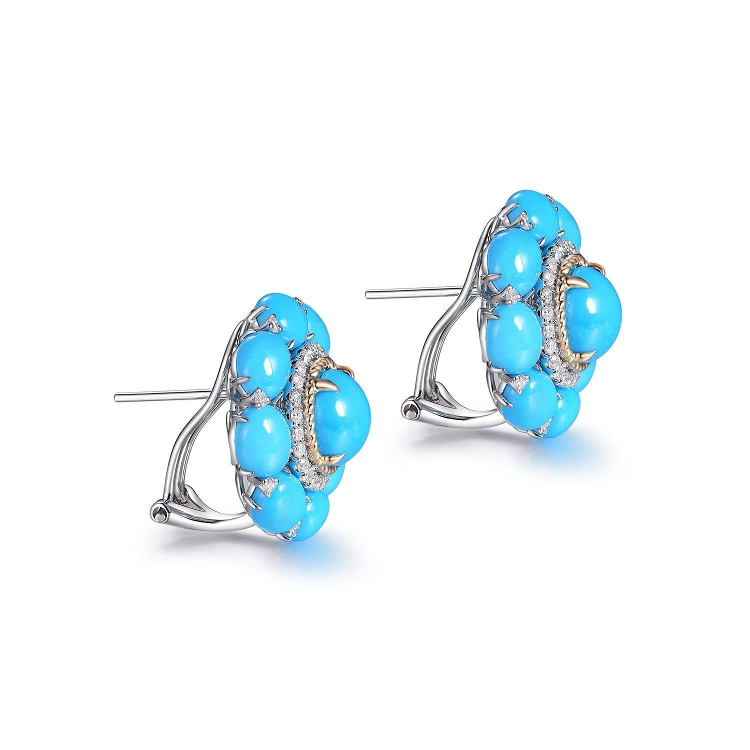 Die Türkis-Diamant-Ohrringe sind ein auffälliges Paar Ohrringe, das die leuchtenden Farben des Türkises und den funkelnden Glanz der Diamanten wunderbar zur Geltung bringt. Die aus 14 Karat Weiß- und Gelbgold gefertigten Ohrringe strahlen Eleganz