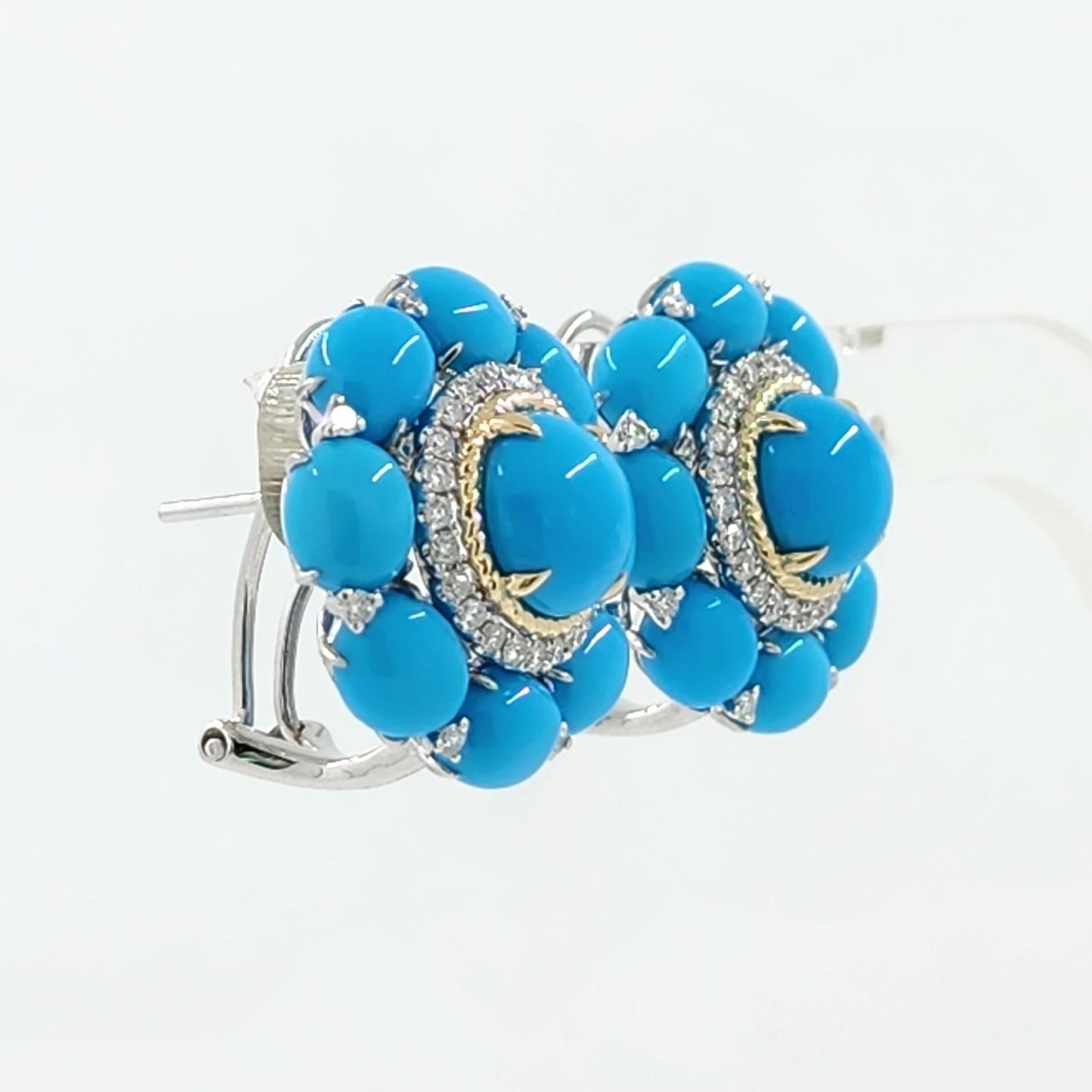 Vintage Turquoise Diamond Earrings in 14 Karat Yellow and White Gold In New Condition For Sale In Hong Kong, HK