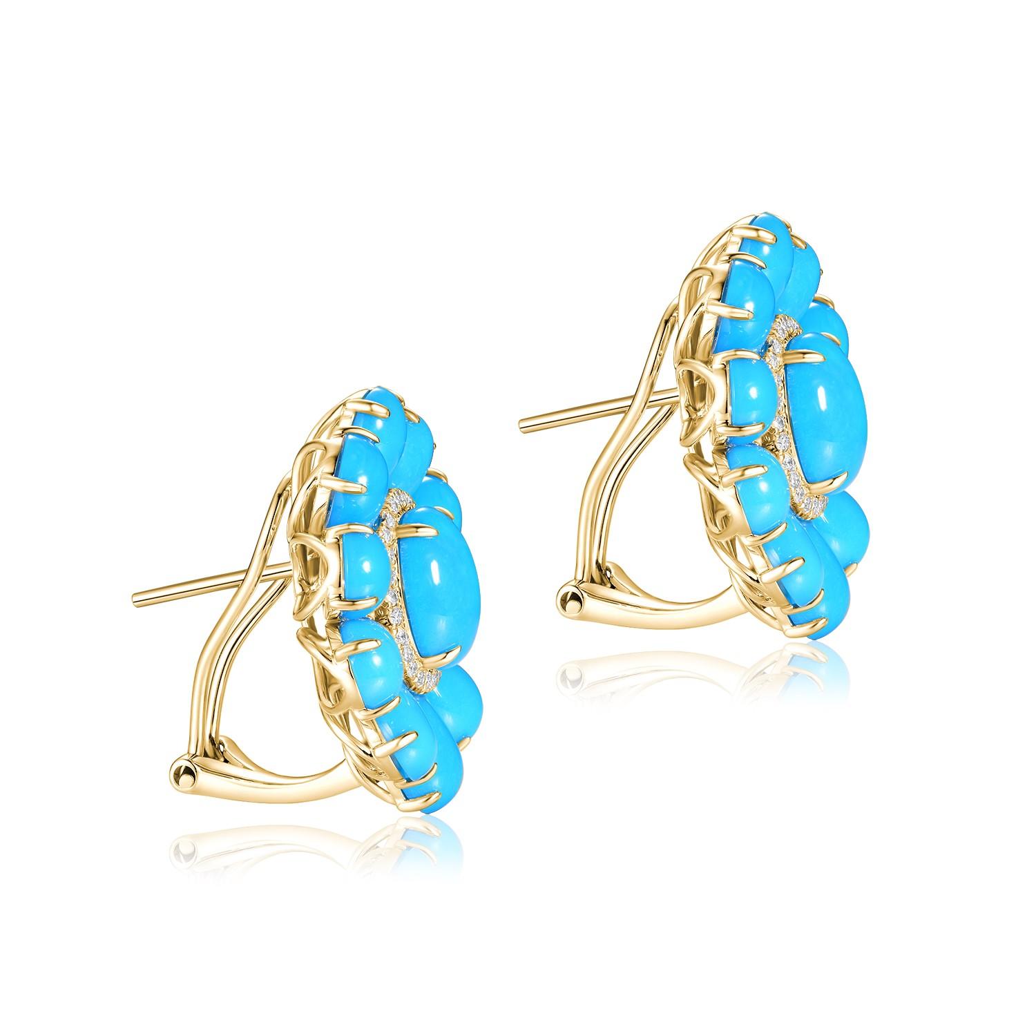 Die Türkis-Diamant-Ohrringe sind ein auffälliges Paar Ohrringe, das die leuchtenden Farben des Türkises und den funkelnden Glanz der Diamanten wunderbar zur Geltung bringt. Die aus 14 Karat Gelbgold gefertigten Ohrringe strahlen Eleganz und