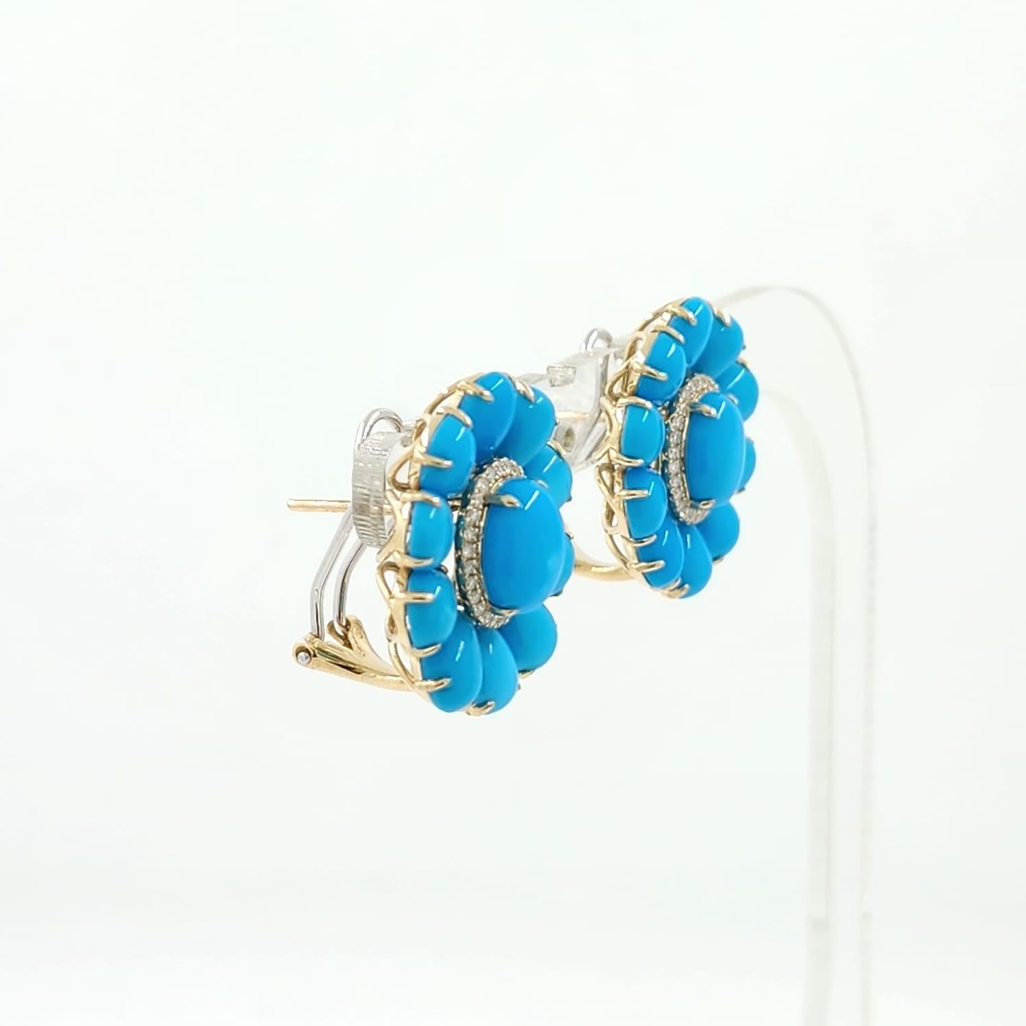 Vintage Turquoise Diamond Earrings in 14 Karat Yellow Gold In New Condition In Hong Kong, HK
