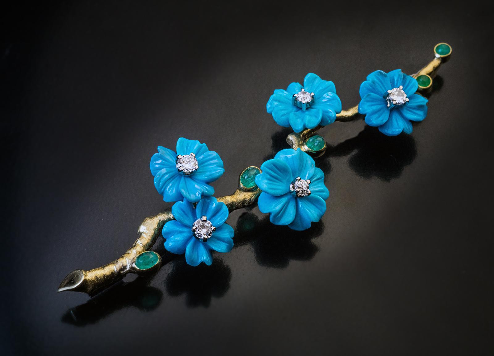 Women's Vintage Turquoise Diamond Emerald Gold Flower Brooch