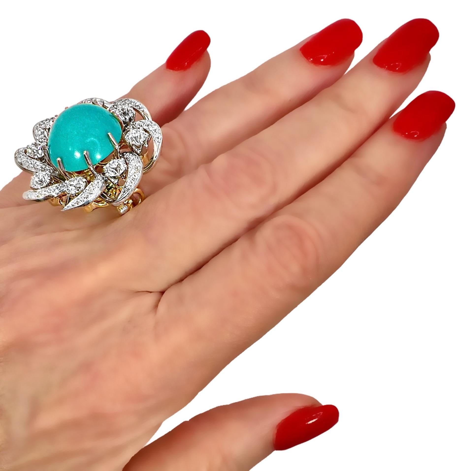 Bague vintage à motif de fleur en platine et or 18 carats avec turquoise et diamants de 1 3/16 pouce en vente 5