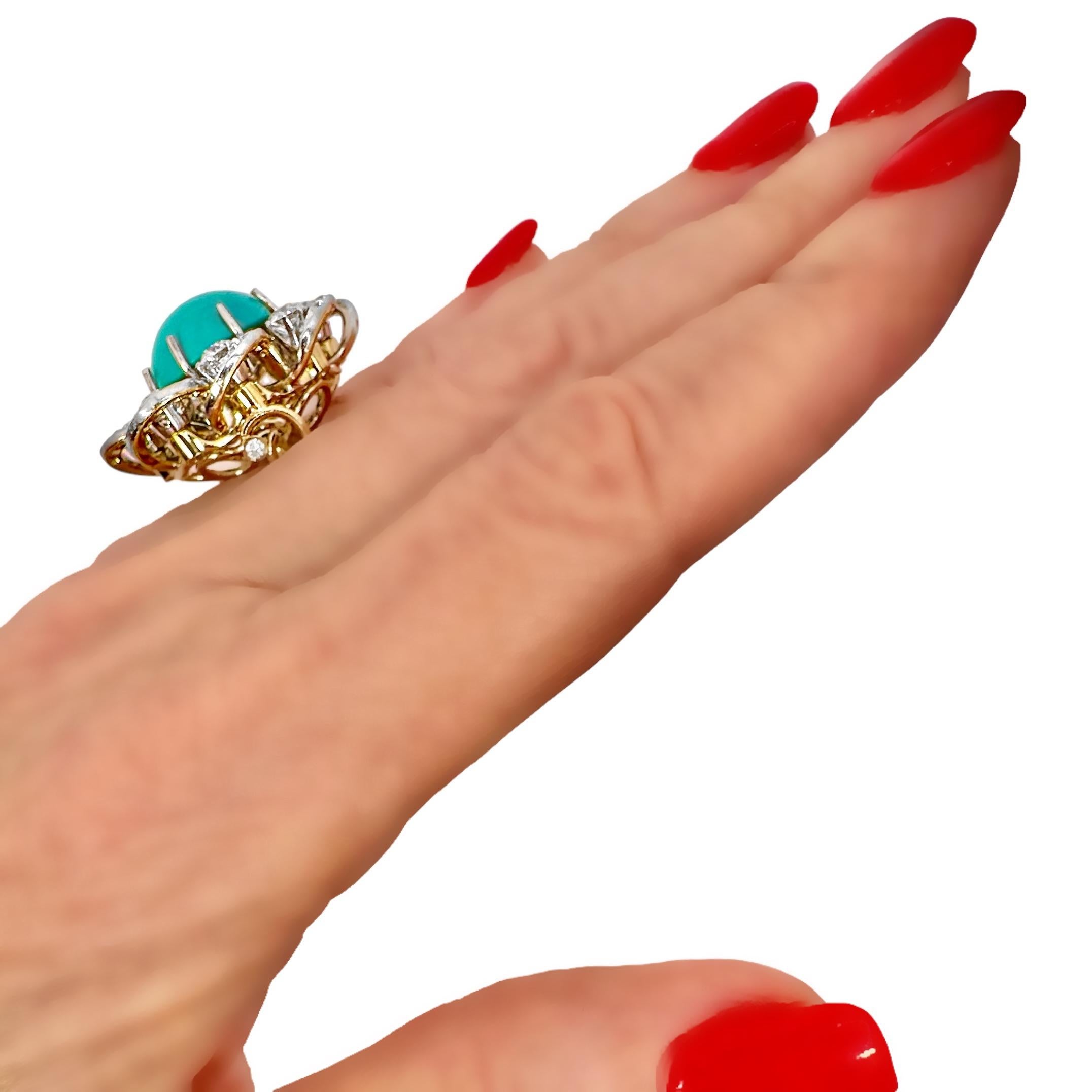 Bague vintage à motif de fleur en platine et or 18 carats avec turquoise et diamants de 1 3/16 pouce en vente 6