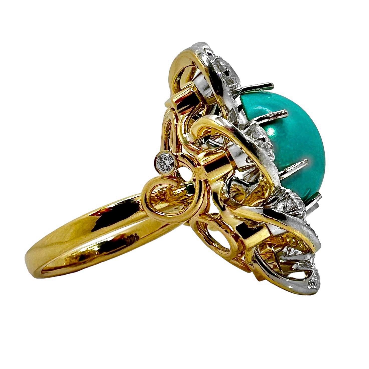 Bague vintage à motif de fleur en platine et or 18 carats avec turquoise et diamants de 1 3/16 pouce Pour femmes en vente