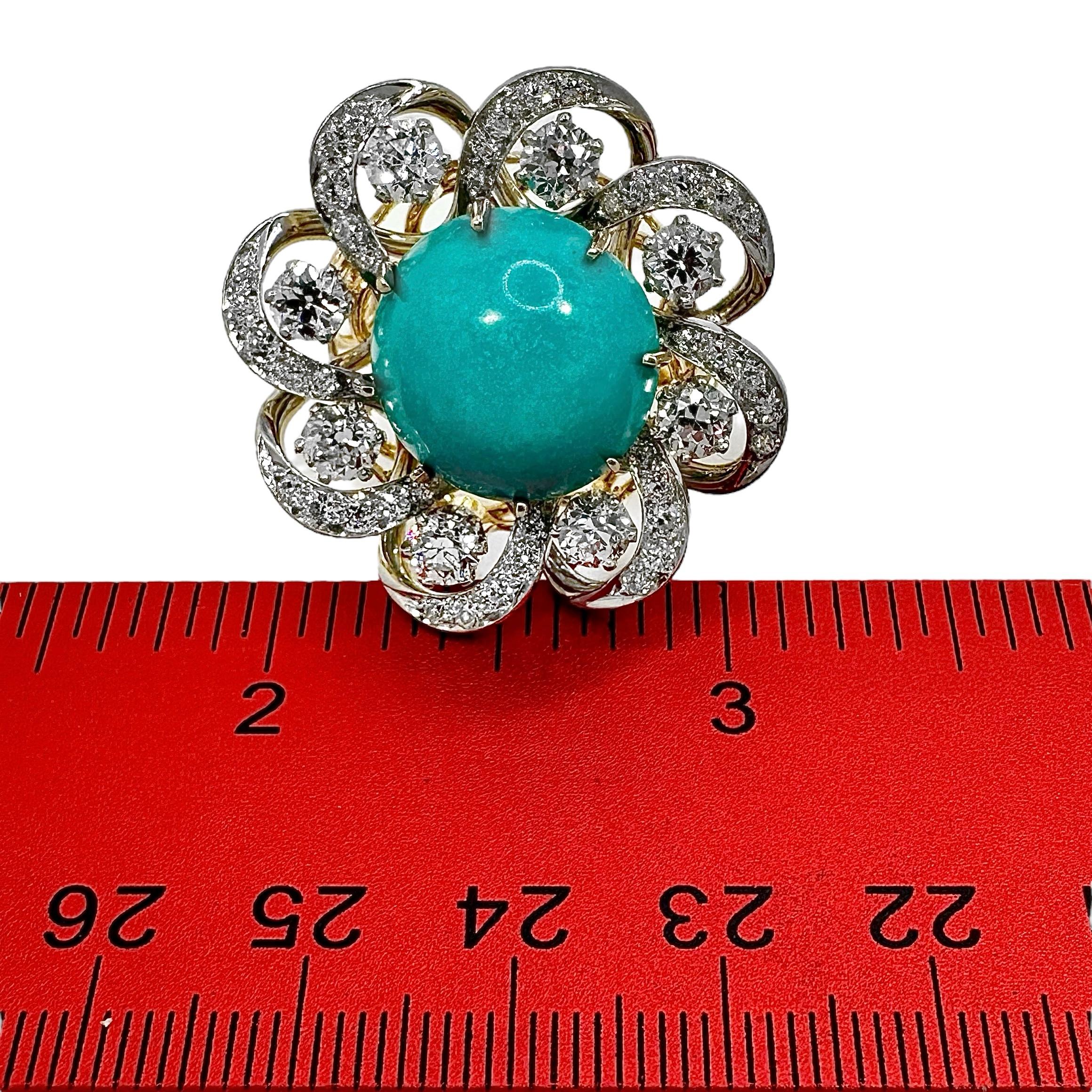 Bague vintage à motif de fleur en platine et or 18 carats avec turquoise et diamants de 1 3/16 pouce en vente 2