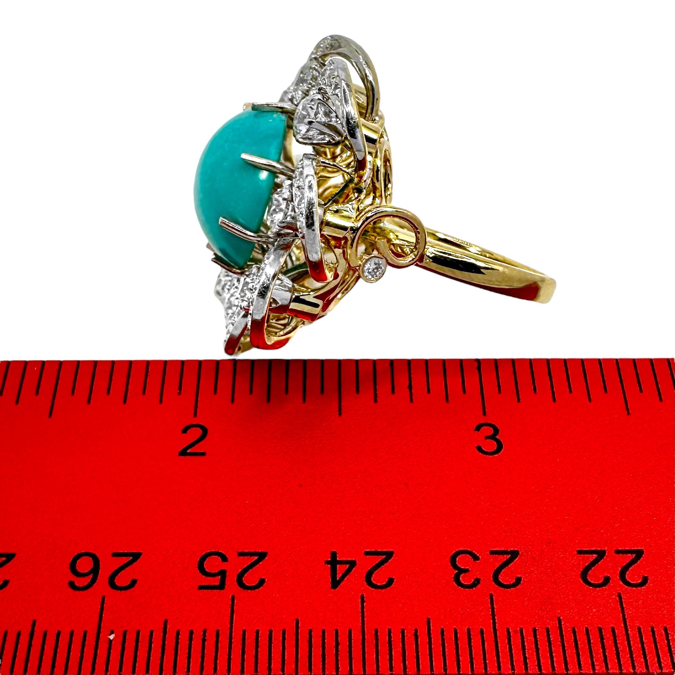 Bague vintage à motif de fleur en platine et or 18 carats avec turquoise et diamants de 1 3/16 pouce en vente 3