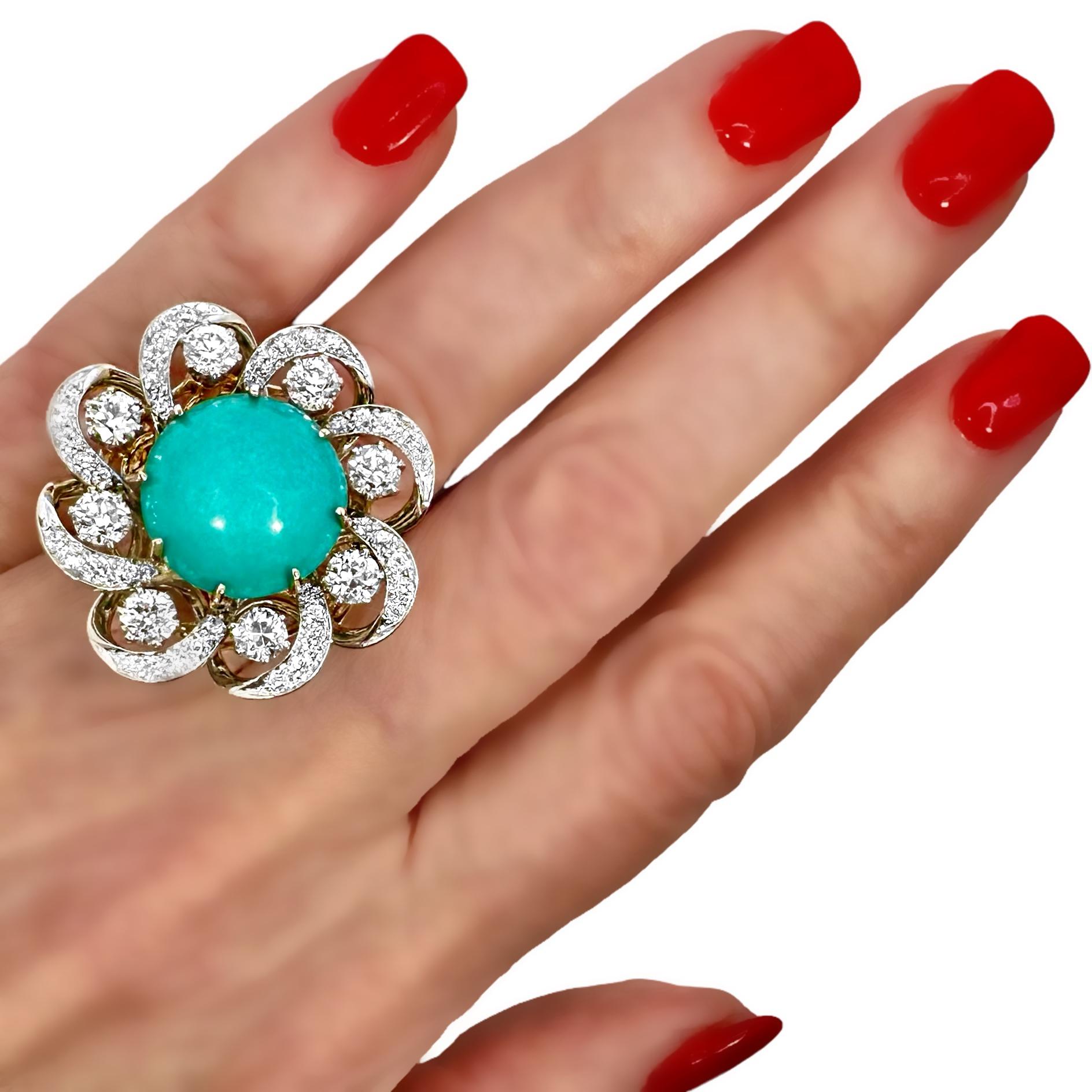 Bague vintage à motif de fleur en platine et or 18 carats avec turquoise et diamants de 1 3/16 pouce en vente 4