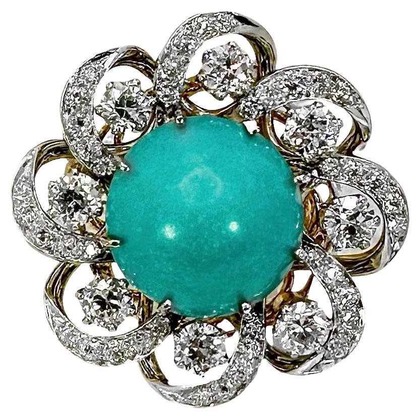 Bague vintage à motif de fleur en platine et or 18 carats avec turquoise et diamants de 1 3/16 pouce en vente