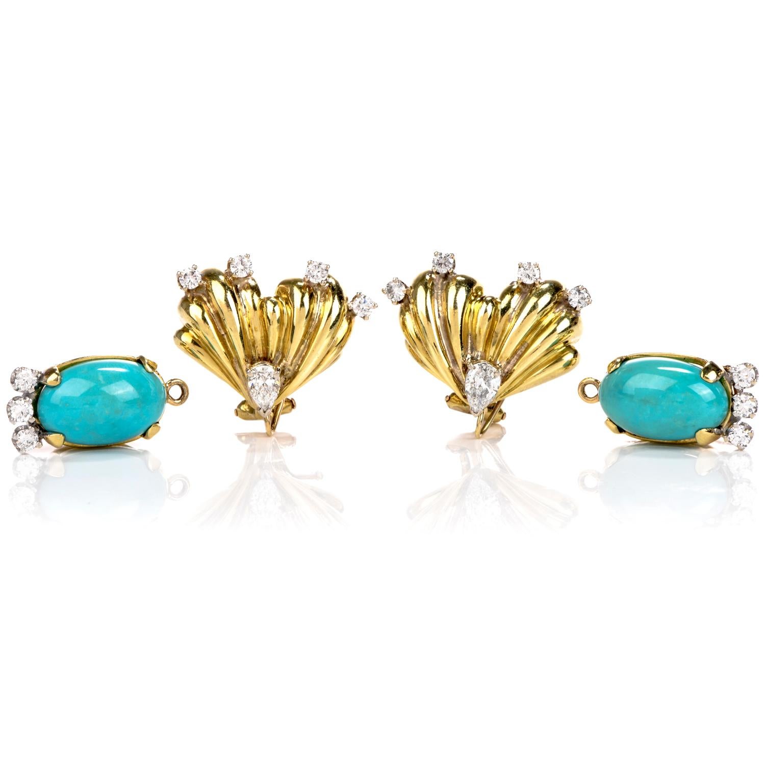 Vintage Turquoise Diamond Gold Dangle Detachable Drop Earrings 1