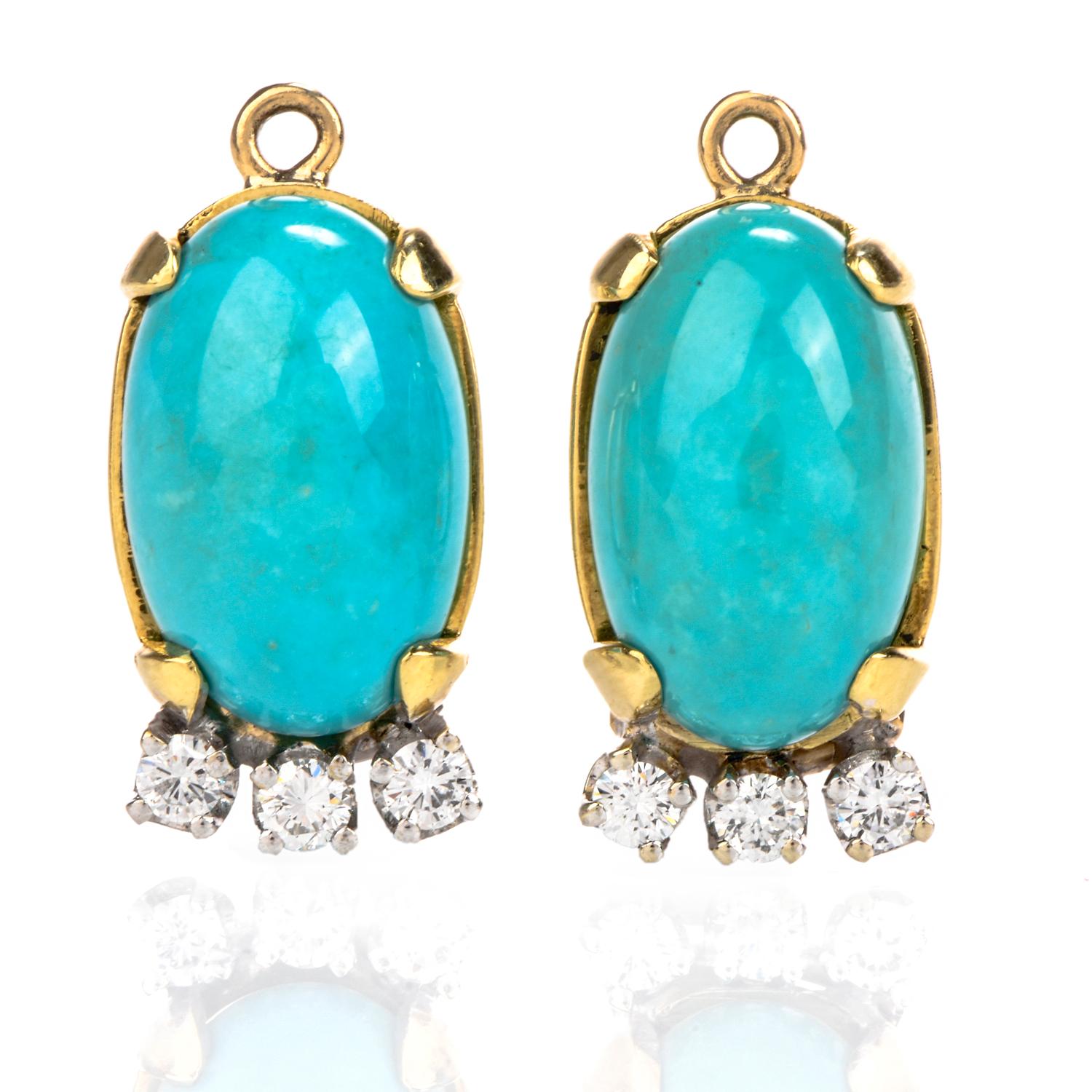 Vintage Turquoise Diamond Gold Dangle Detachable Drop Earrings 2