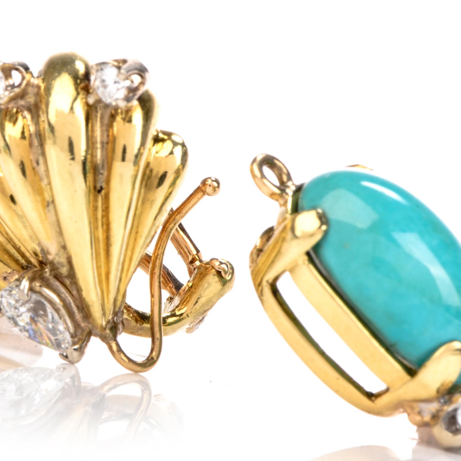 Vintage Turquoise Diamond Gold Dangle Detachable Drop Earrings 3