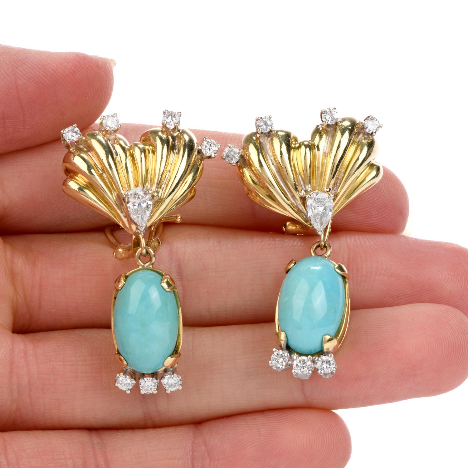 Vintage Turquoise Diamond Gold Dangle Detachable Drop Earrings 4
