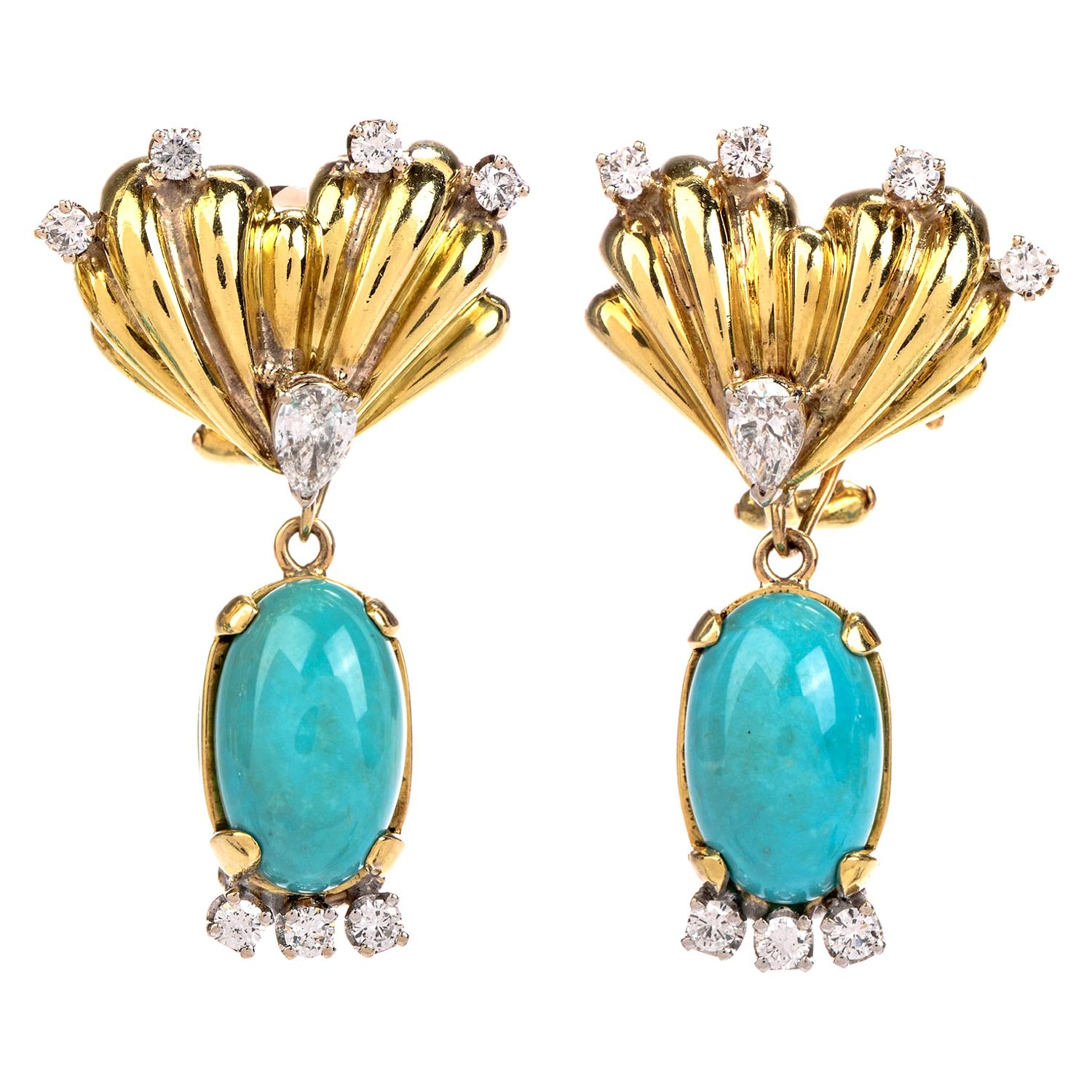 Vintage Turquoise Diamond Gold Dangle Detachable Drop Earrings