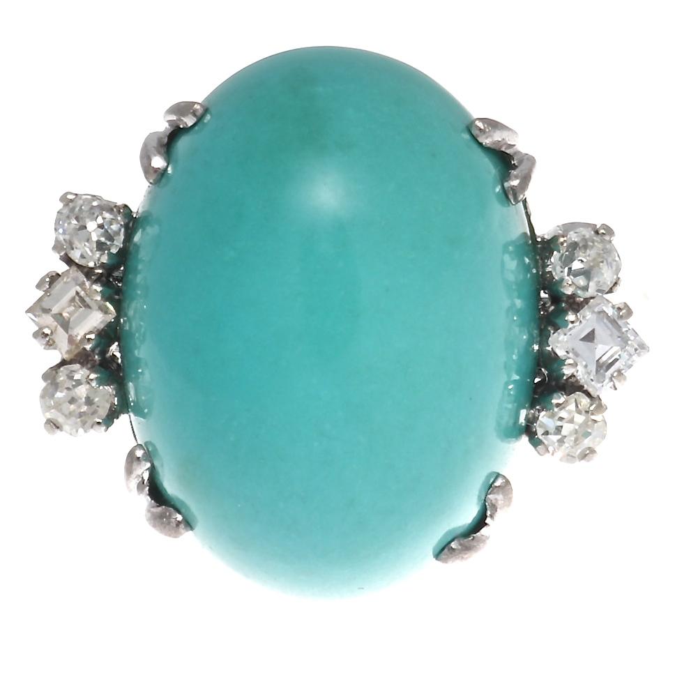 Retro Turquoise Diamond Platinum Cocktail Ring In Excellent Condition In Beverly Hills, CA