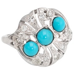Vintage Turquoise Diamond Ring 14 Karat White Gold Cocktail Jewelry Estate Fine