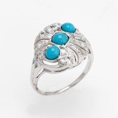 Vintage Turquoise Diamond Ring 14 Karat White Gold Cocktail Jewelry Estate Fine