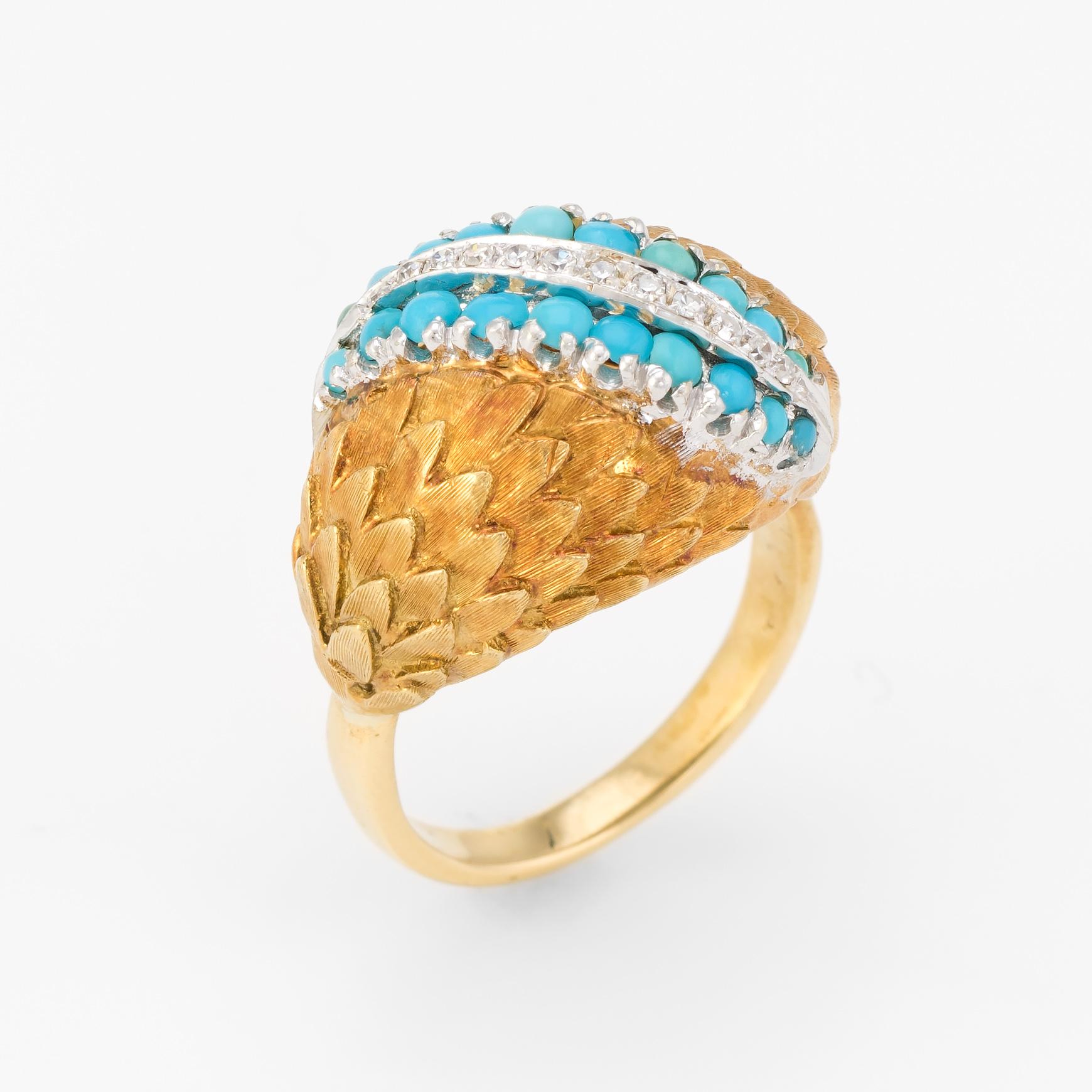 Finely detailed vintage domed turquoise & diamond cocktail ring (circa 1950s to 1960s), crafted in 14 & 18 karat yellow gold. 

Turquoise graduates in size from 1mm to 2mm with diamonds set in the center. The 12 single cut diamonds are estimated at