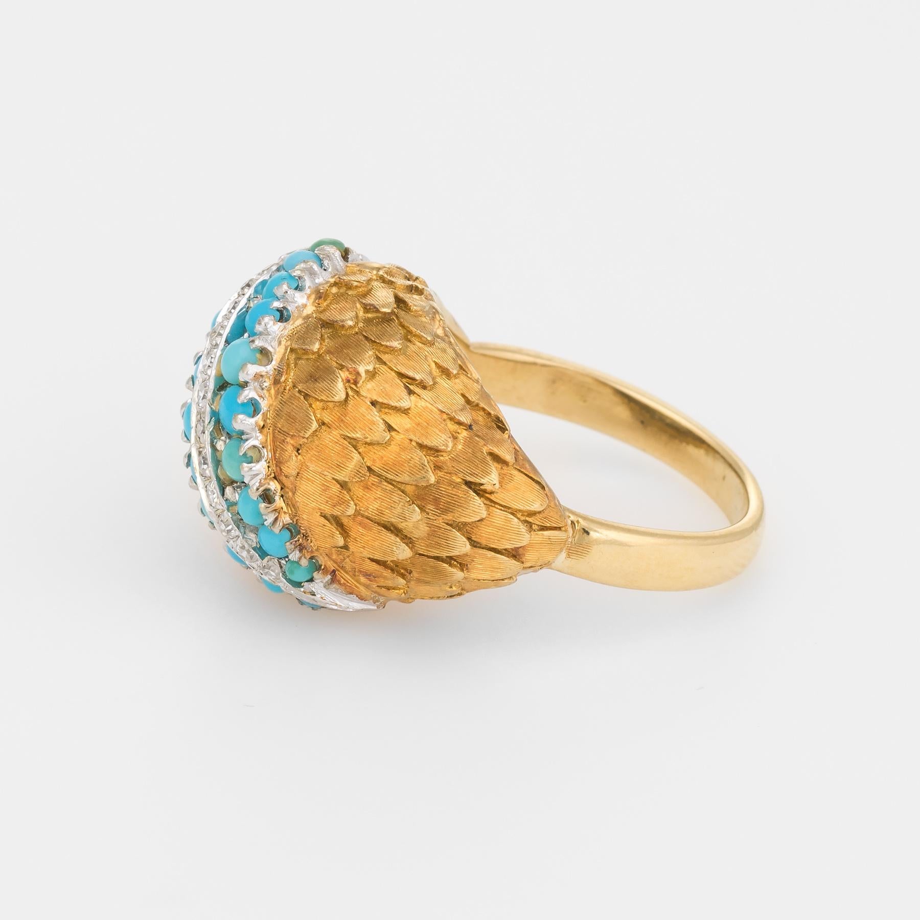 Women's Vintage Turquoise Diamond Ring Dome 18 Karat Yellow Gold Estate Fine Jewelry