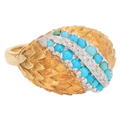 Vintage Turquoise Diamond Ring Dome 18 Karat Yellow Gold Estate Fine Jewelry