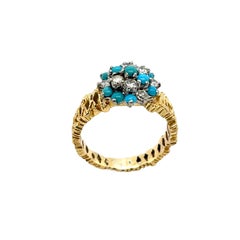 Anello vintage con turchese e diamanti, incastonato in oro giallo e bianco 18 ct.