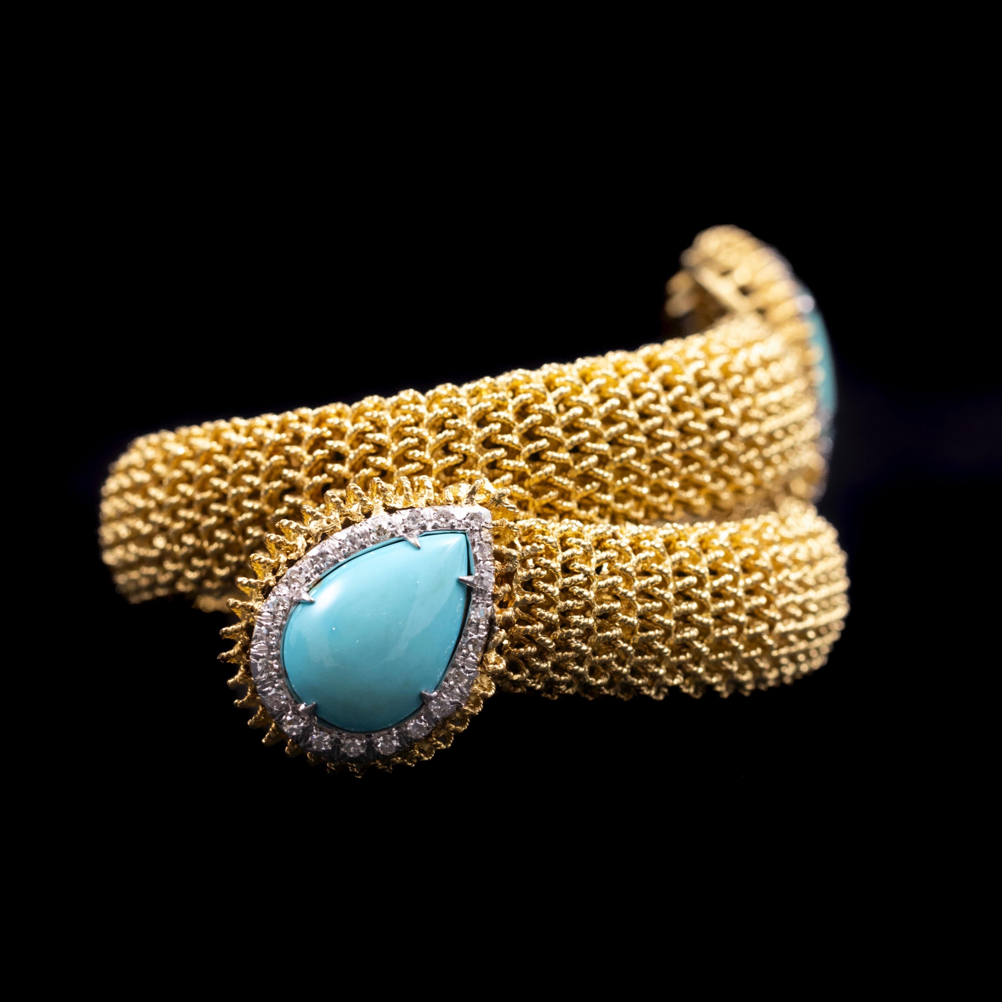 Vintage Turquoise Diamond Toi-et-Moi Crossover Bracelet Yellow Gold 1960s 1970s im Angebot 4
