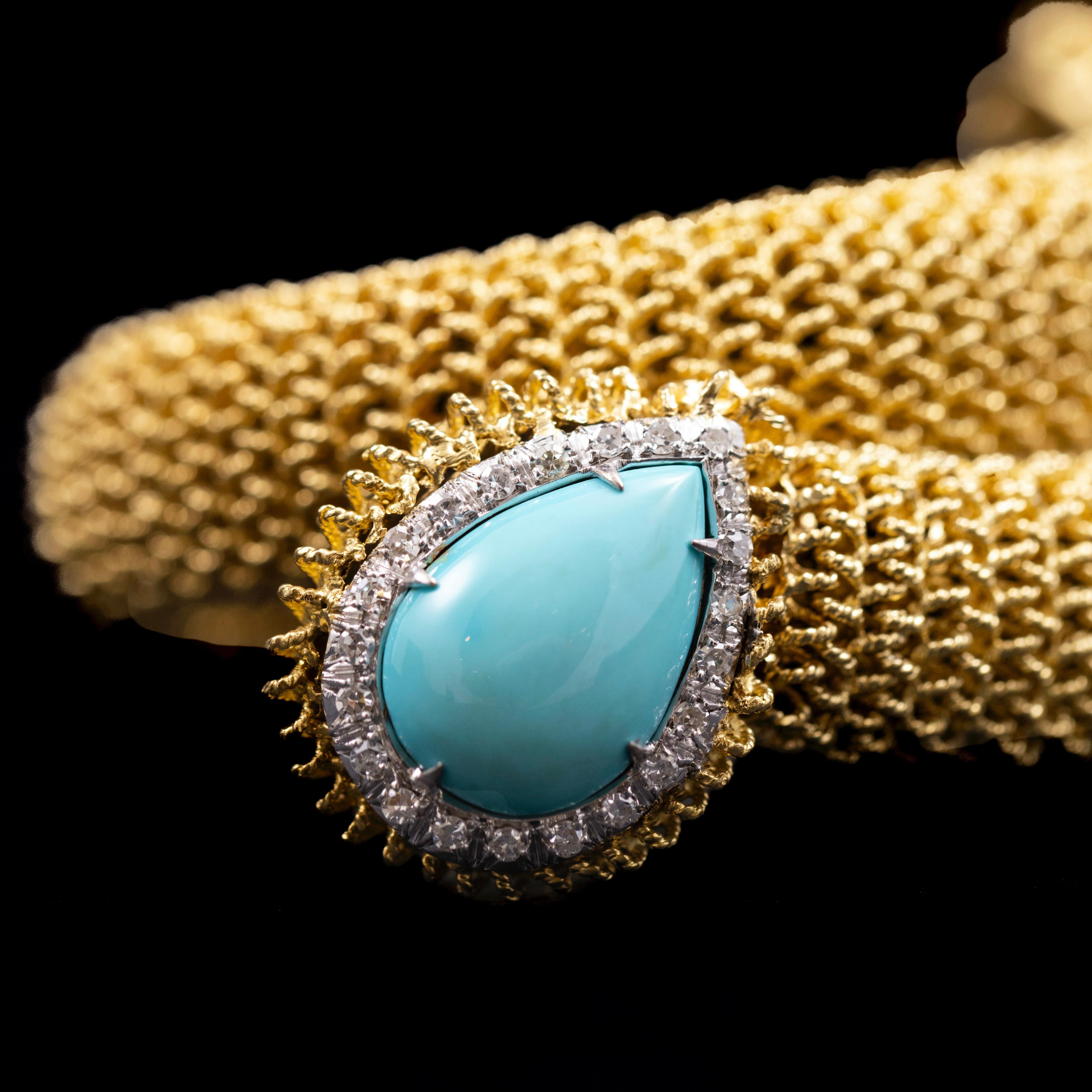 Vintage Turquoise Diamond Toi-et-Moi Crossover Bracelet Yellow Gold 1960s 1970s im Angebot 5