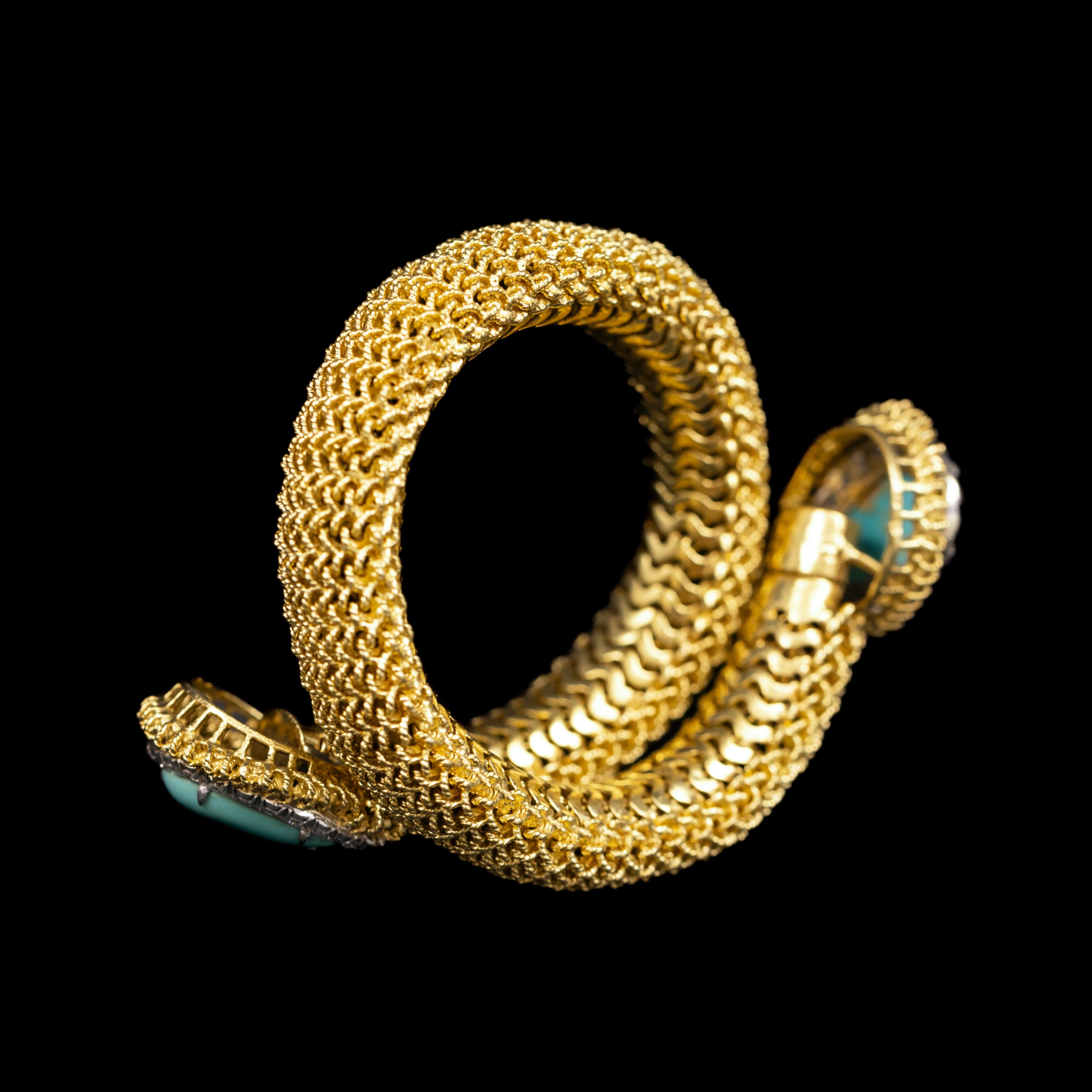 Vintage Turquoise Diamond Toi-et-Moi Crossover Bracelet Yellow Gold 1960s 1970s im Angebot 6